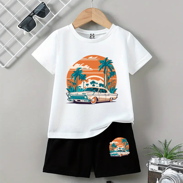 Classic Car With California Tree White T-Shirt And Black Short Set For Kids