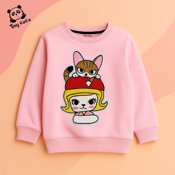 Girls' Pink Sweatshirt Cute Cat Patch