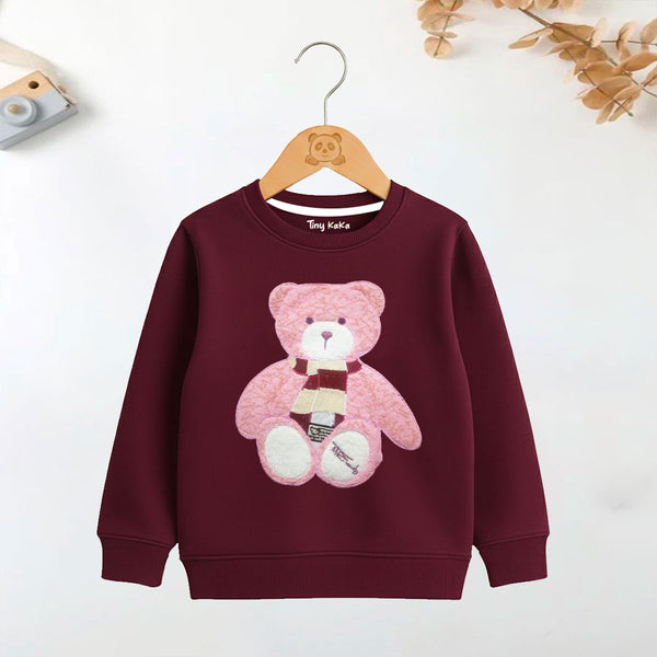 Pink Teddy Bear On Maroon Sweatshirt For Girls'