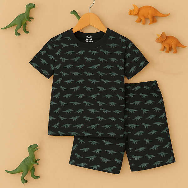 Dino All Over Print Black T-Shirt And Short Set For Kids