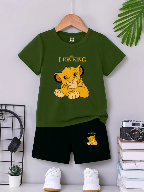 Lion King Olive Green T-Shirt And Black Short Set For Kids