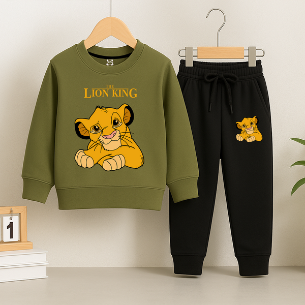 Lion King Olive Green SweatShirt And Black Trouser Set For Kids