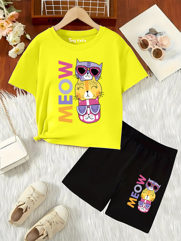 Meow Cats Light Yellow T-Shirt And Black Short Set For Kids