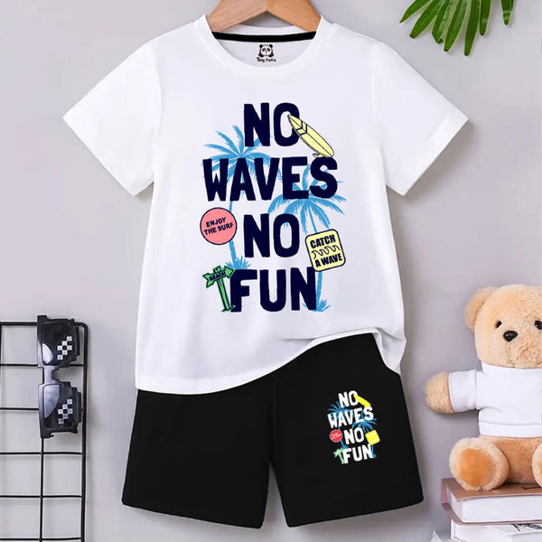 No Waves No Fun White T-Shirt And Black Short Set For Kids