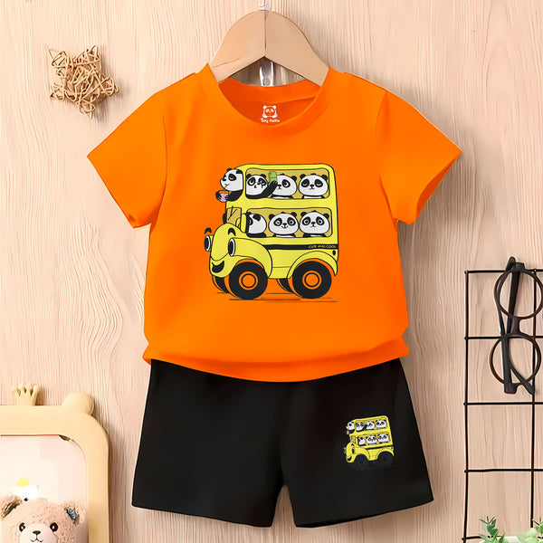 Panda Bus Orange T-Shirt With Black Short Set For Kids