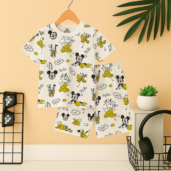 Pluto Mickey All Over Print White T-Shirt And Short Set For Kids