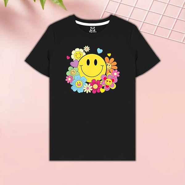 Smiley Face with Smiley Flowers Black T-Shirt For Girls