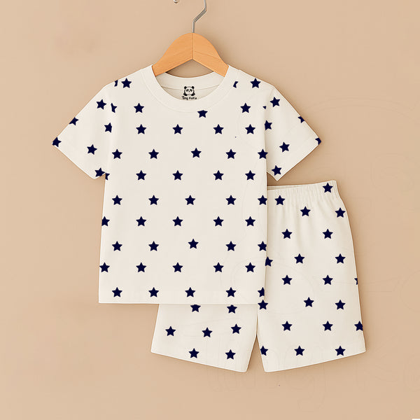 All Over Stars Print White T-Shirt And Short Set For Kids