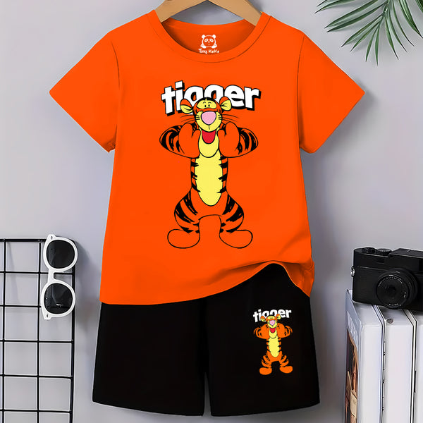 Cute Tiger Orange T-Shirt With Black Short Set For Kids