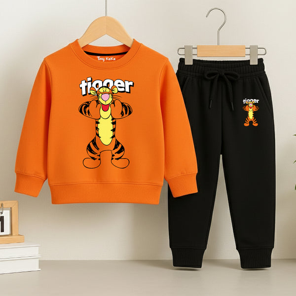 Cute Tiger Oranger SweatShirt with Black Trouser Set For Kids