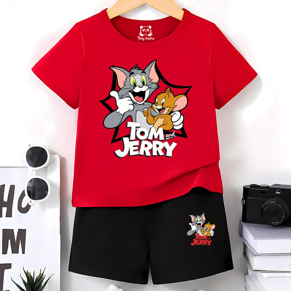 Tom And Jerry Red T-Shirt With Black Short Set For Kids