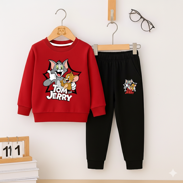 Tom And Jerry Red SweatShirt With Black Trouser Set For Kids