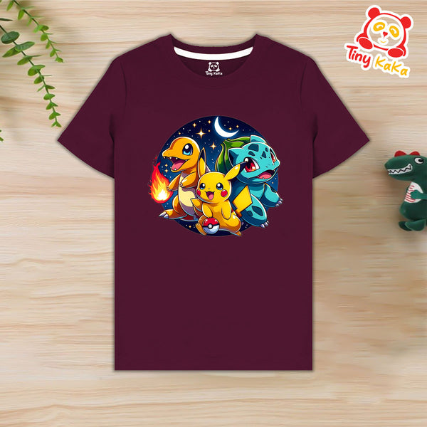 Dino Pikachu Maroon T-Shirt For Kids