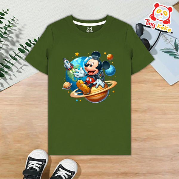 Astronaut Mickey With Rocket Green T-Shirt For Kids